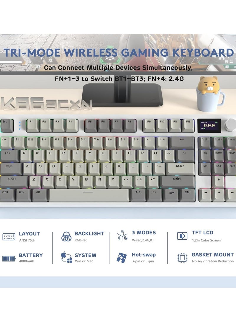 Attack Shark K86 RGB 75% Wireless Gasket Mechanical Keyboard,Triple Mode Bluetooth5.0/2.4G/USB-C 82 Keys Hot Swappable Gaming Keyboard 4000 mAH Battery w/Knob & 1.2'' HD OLED Display,Linear Switches  - Image 2