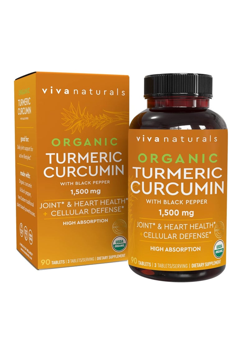 Viva Naturals - Organic Turmeric Curcumin Supplements With Black Pepper For Better Absorption 1500mg High Potency Turmeric Pills Organic For Joint Support, 90 Tablets - Image 1