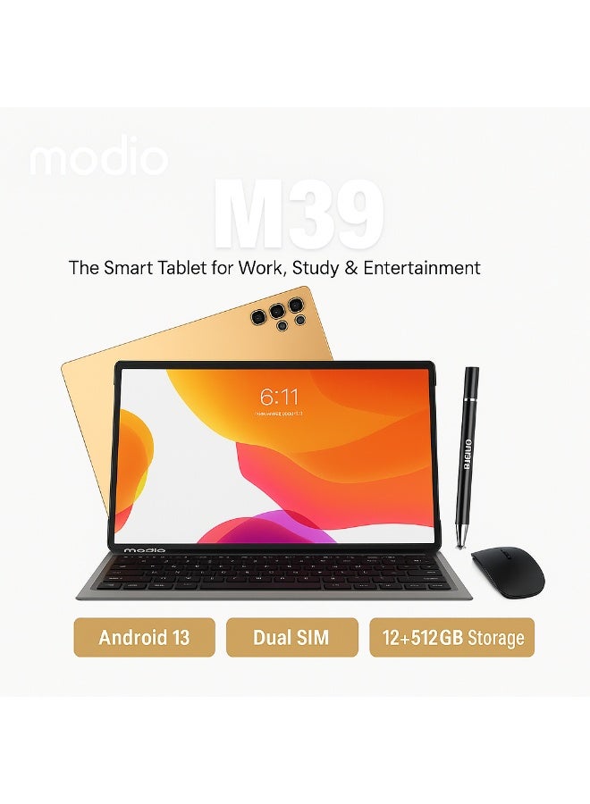 MODIO TAB Modio M39 Tablet – 10.1 Inch HD IPS Display, Android 13, 12+512GB, Dual SIM 4G, 13MP+5MP Camera, 8000mAh Battery, with Keyboard, Mouse, Pen, Case & OTG Adapter (Gold) - Image 2