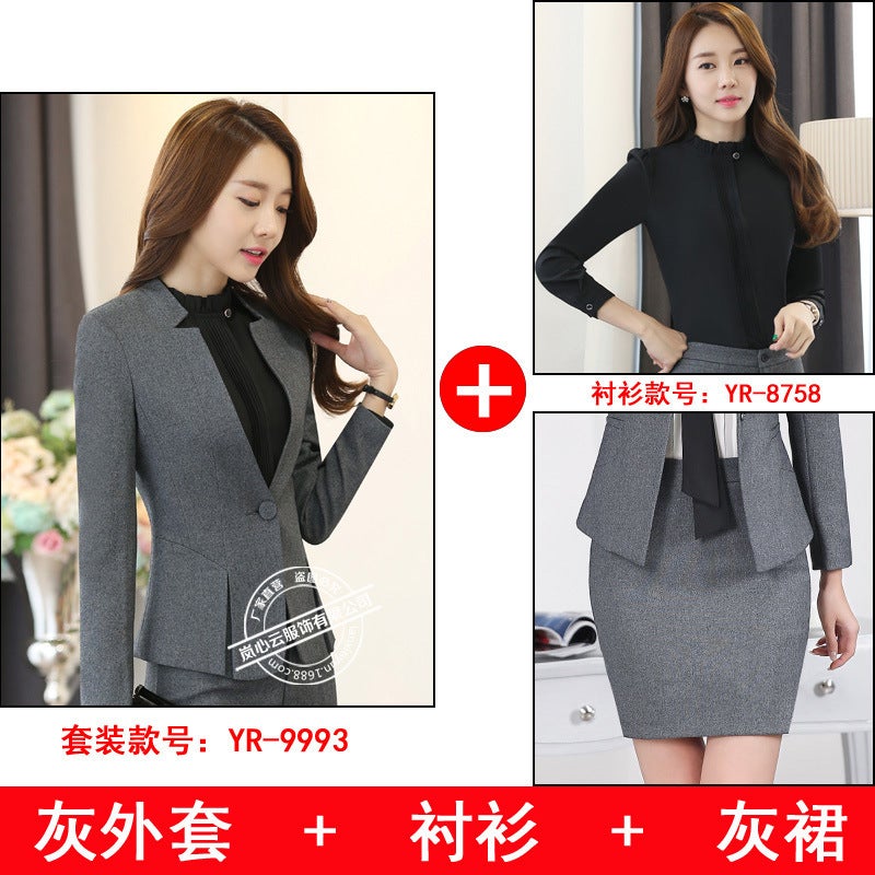 Spring and Autumn New Business Wear Womens Suit Skirt Slim-fit Vertical Collar Long Sleeve Dress Hotel Interview Work Clothes gray coat gray skirt 8758 black shirt