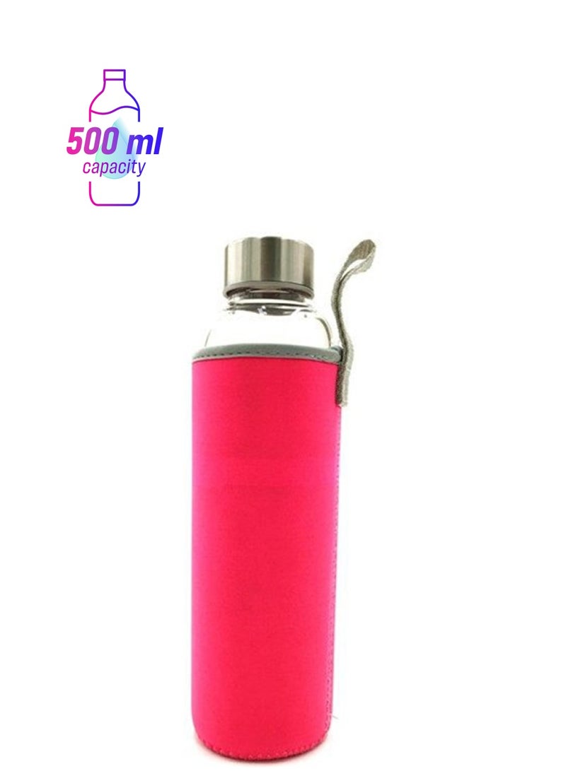 Borosilicate Glass Water Bottle With Lid Pink 500ml