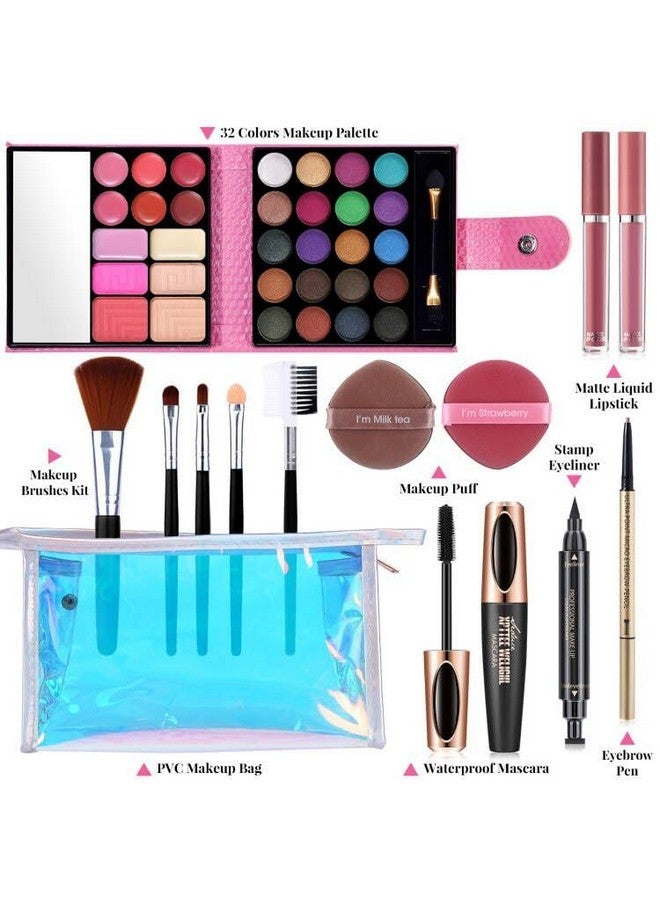 كيو آي بست مجموعة مكياج نسائية كاملة - لوحة مكياج من 32 لونًا، مجموعة من 5 فرش، ماسكارا وكحل سائل، قلم حواجب، قطعتان من أحمر الشفاه السائل غير اللامع، اسفنجة بودرة، حقيبة مستحضرات تجميل، مجموعة هدايا مكياج - Image 2