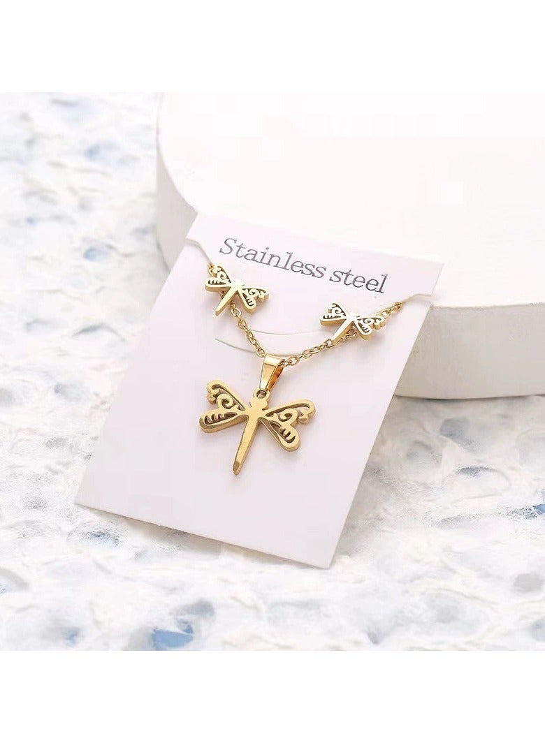 Minimalist Dragonfly Necklace & Earrings Set – 3PCS Stainless Steel Jewelry Gift for Nature Lovers