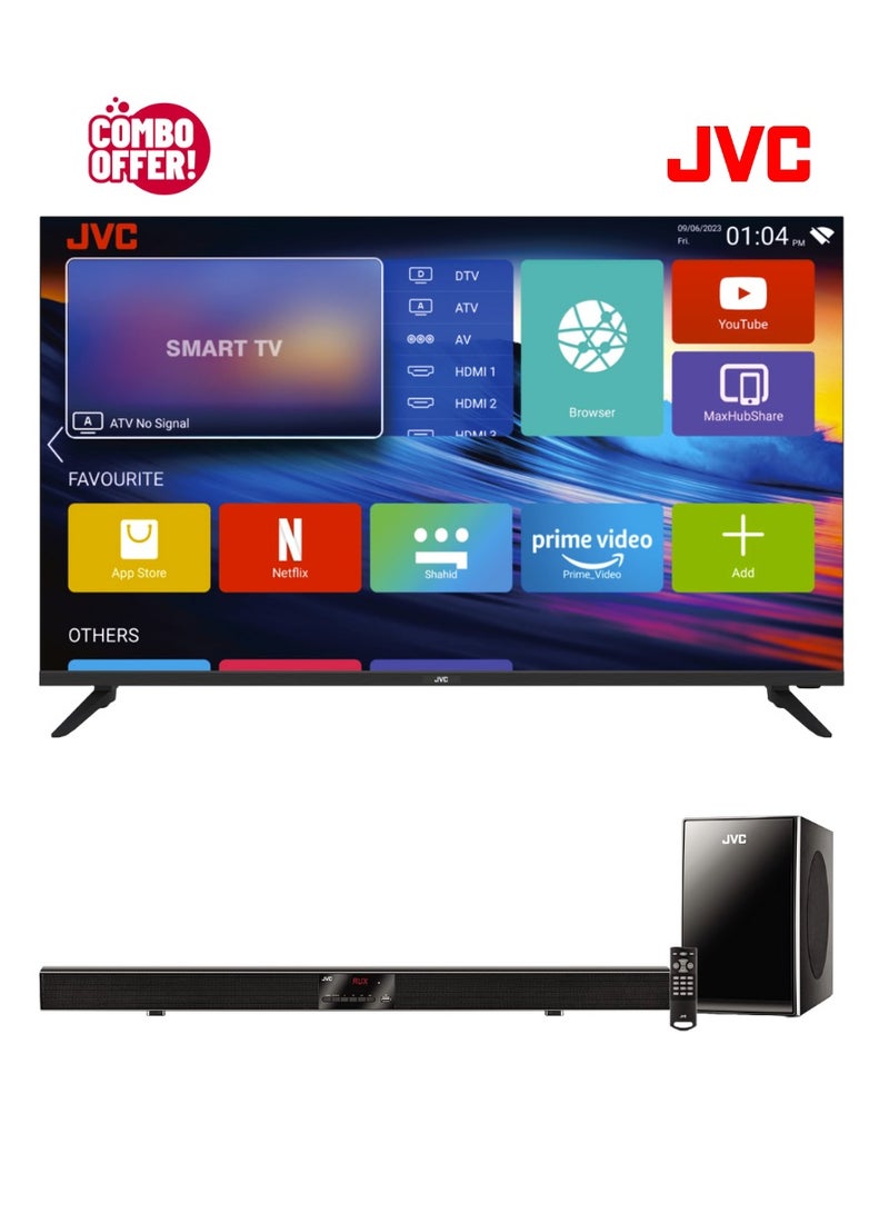 JVC 65 Inch 4K UHD Android 13 Smart Tv And 2.1 Ch Soundbar With Subwoofer Combo LT-65N675+TH-BY370A Black - Image 1