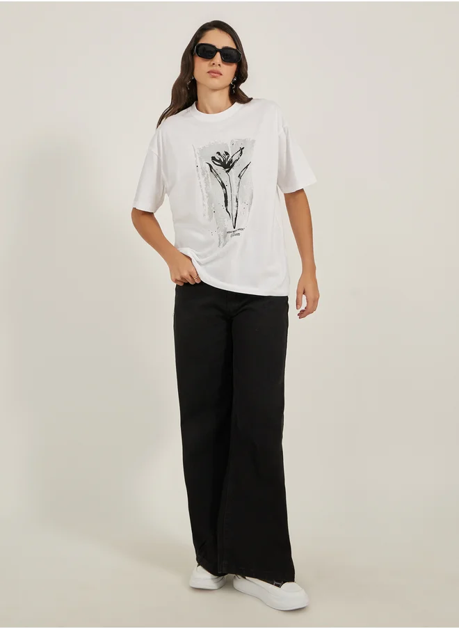 Styli Graphic Print Round Neck Oversized T-Shirt