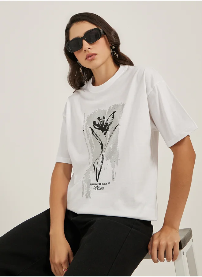Styli Graphic Print Round Neck Oversized T-Shirt
