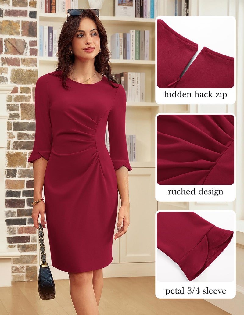 GRACE KARIN Womens Business Cocktail Dress 3/4 Sleeve Wear to Work Dresses Church Office Sheath Midi Dress Wine Red L - Image 4