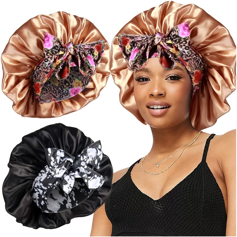 Heniho 2Pcs Large Silky Bonnets With Tie Band Braid Bonnet  Satin Bonnet For Sleeping Curly Hair  D - Image 1
