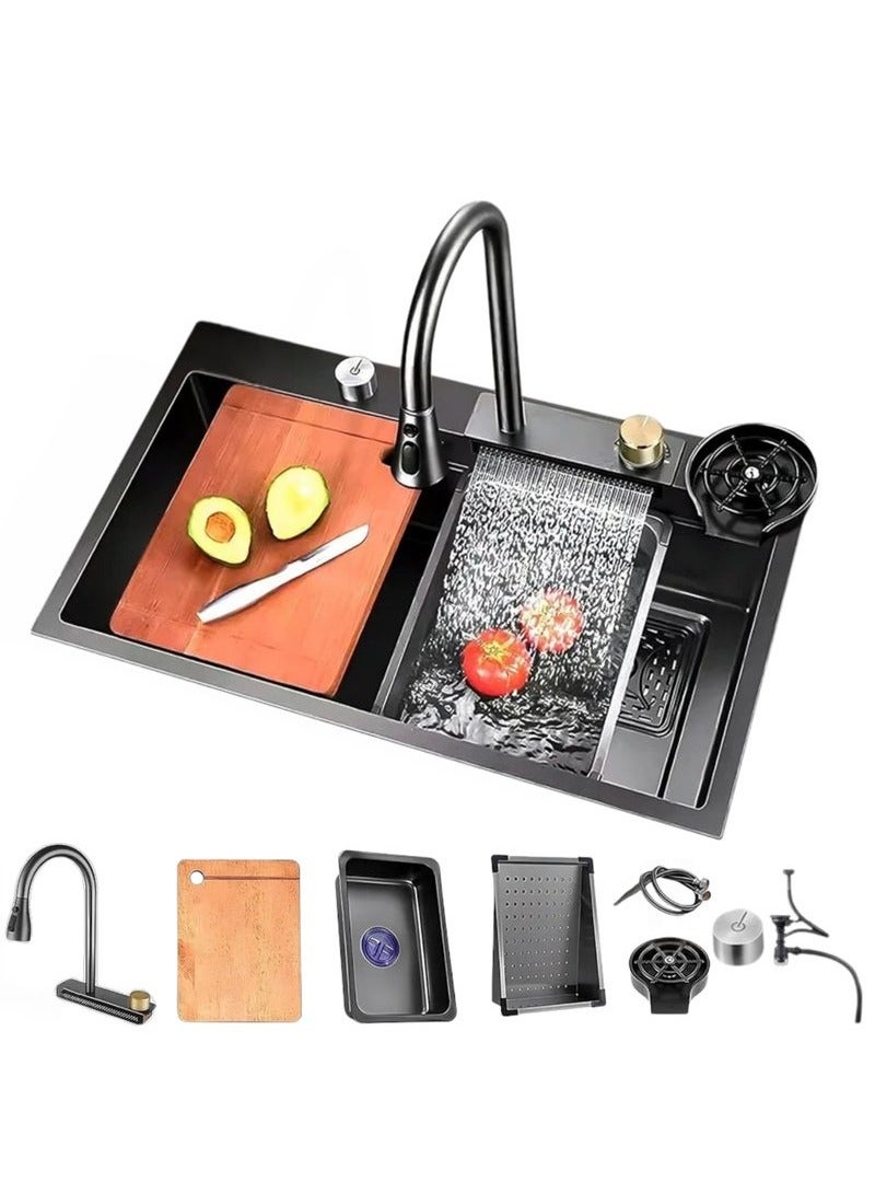 JAMS Kitchen Sink, Flying rain Waterfall Sink, 304 Stainless Steel bar Sink,Single Bowl With Cup Washer, Workstation Sink Washer Black Color - Image 1