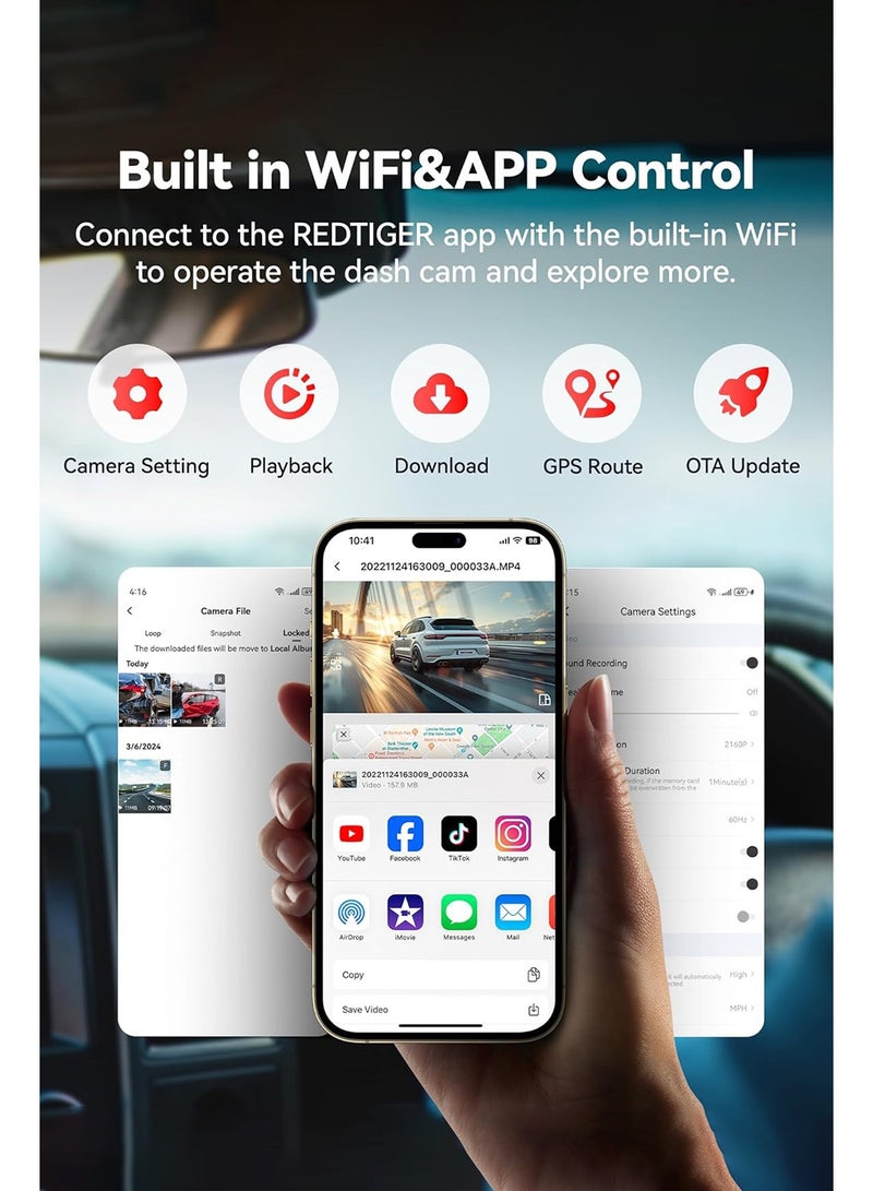 ريد تايجر كاميرا مزدوجة F7NP 4K للوحة القيادة للسيارات، أمامية وخلفية FHD، زاوية رؤية واسعة 170 درجة، رؤية ليلية، نظام تحديد المواقع العالمي (GPS) مدمج وواي فاي، شاشة LCD IPS مقاس 3.18 بوصة، نطاق ديناميكي واسع، وضع ركن السيارة على مدار 24 ساعة، بطاقة ذاكرة 128 جيجابايت متضمنة - Image 4