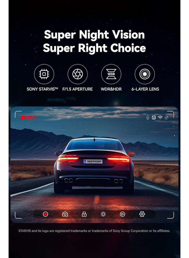 ريد تايجر كاميرا مزدوجة F7NP 4K للوحة القيادة للسيارات، أمامية وخلفية FHD، زاوية رؤية واسعة 170 درجة، رؤية ليلية، نظام تحديد المواقع العالمي (GPS) مدمج وواي فاي، شاشة LCD IPS مقاس 3.18 بوصة، نطاق ديناميكي واسع، وضع ركن السيارة على مدار 24 ساعة، بطاقة ذاكرة 128 جيجابايت متضمنة - Image 3