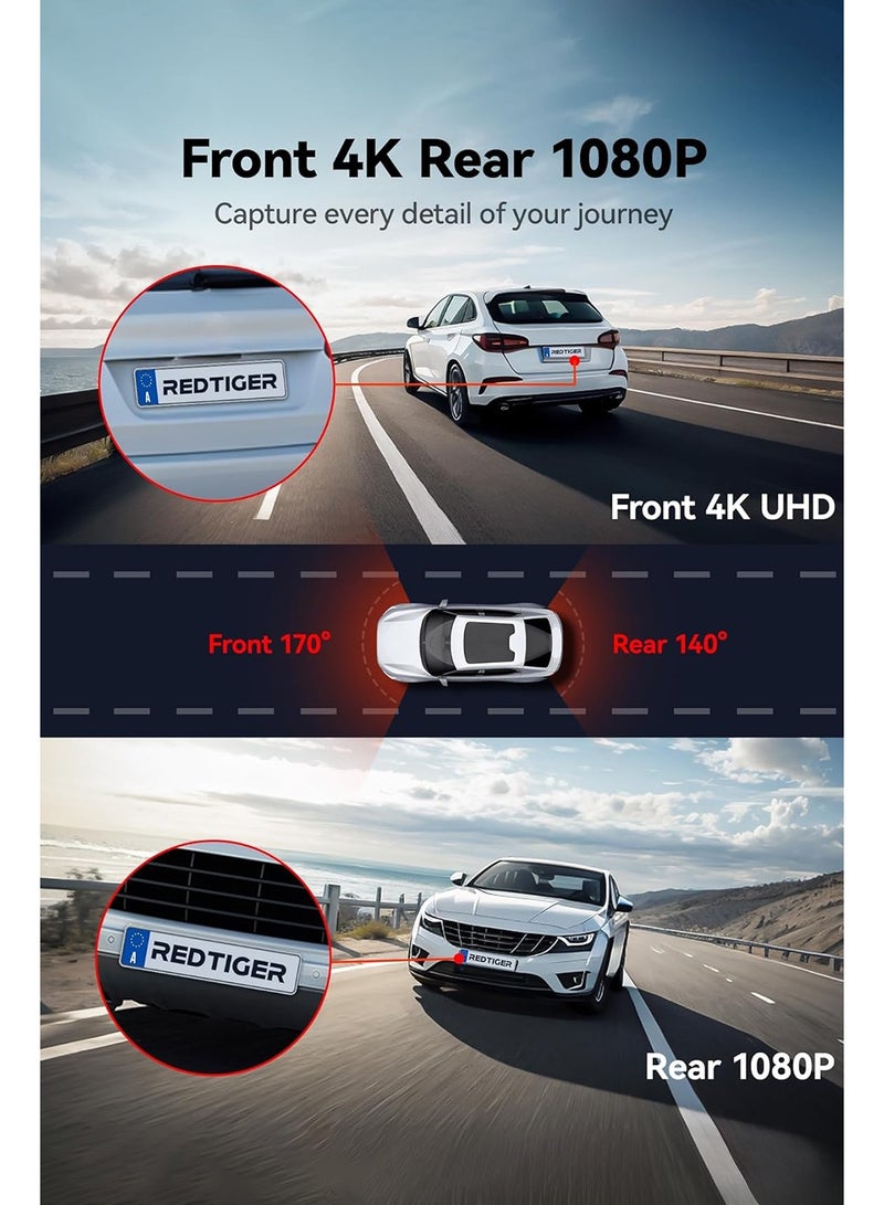 ريد تايجر كاميرا مزدوجة F7NP 4K للوحة القيادة للسيارات، أمامية وخلفية FHD، زاوية رؤية واسعة 170 درجة، رؤية ليلية، نظام تحديد المواقع العالمي (GPS) مدمج وواي فاي، شاشة LCD IPS مقاس 3.18 بوصة، نطاق ديناميكي واسع، وضع ركن السيارة على مدار 24 ساعة، بطاقة ذاكرة 128 جيجابايت متضمنة - Image 2