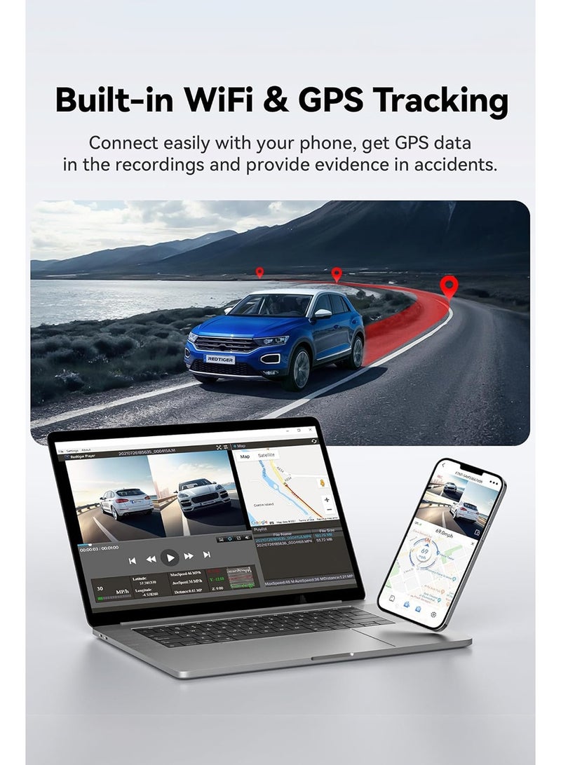 ريد تايجر كاميرا مزدوجة F7NP 4K للوحة القيادة للسيارات، أمامية وخلفية FHD، زاوية رؤية واسعة 170 درجة، رؤية ليلية، نظام تحديد المواقع العالمي (GPS) مدمج وواي فاي، شاشة LCD IPS مقاس 3.18 بوصة، نطاق ديناميكي واسع، وضع ركن السيارة على مدار 24 ساعة، بطاقة ذاكرة 128 جيجابايت متضمنة - Image 5