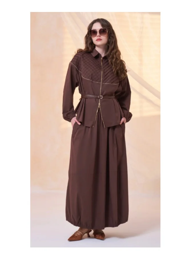 Quilted Belted Maxi Set with Gold Zipper Detail - Brown