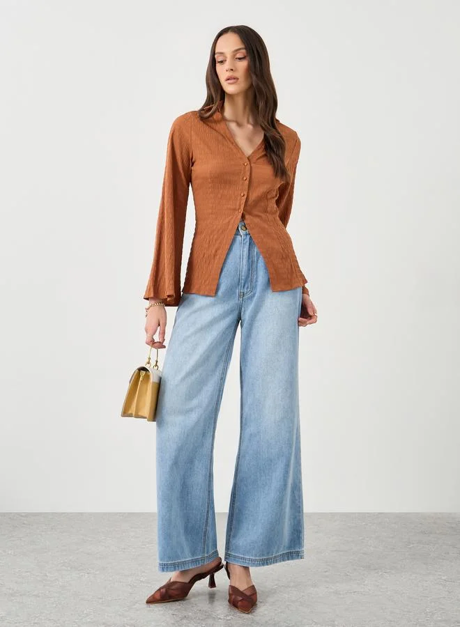 Styli Styli Brown Textured V-Neck Button Flared Sleeve Shirt