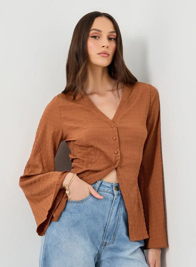 Styli Styli Brown Textured V-Neck Button Flared Sleeve Shirt