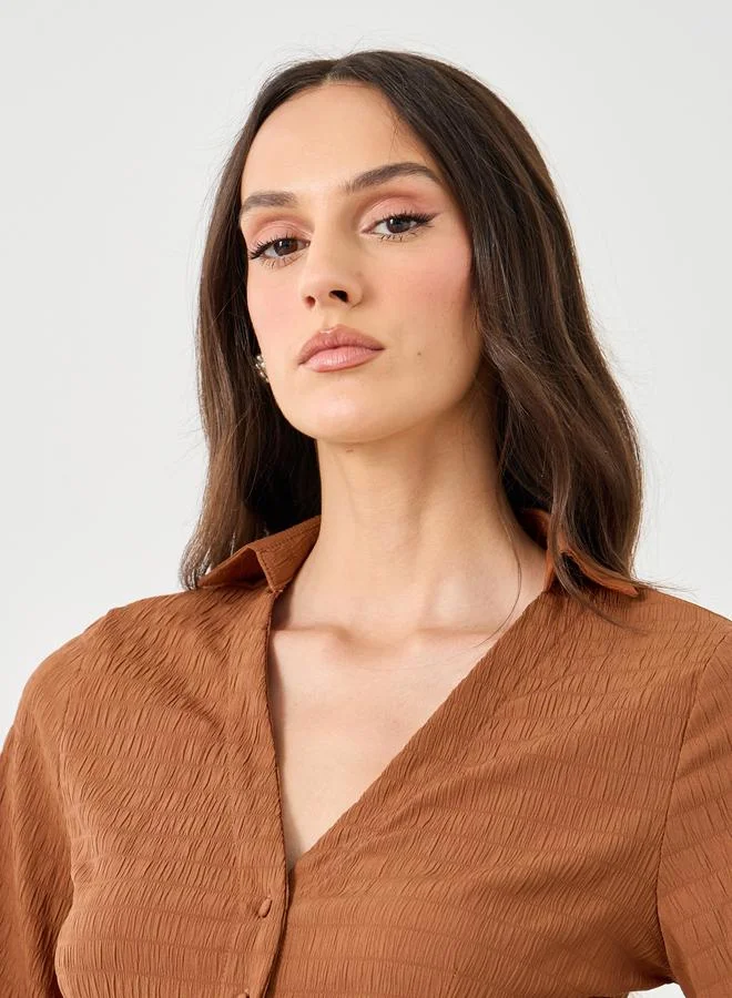 ستايلي Styli Brown Textured V-Neck Button Flared Sleeve Shirt