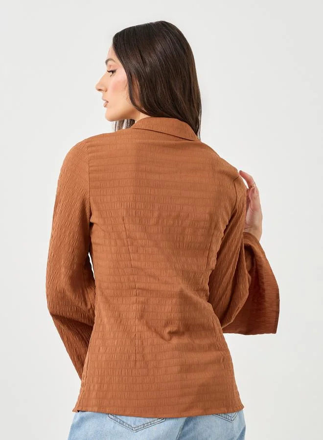 ستايلي Styli Brown Textured V-Neck Button Flared Sleeve Shirt