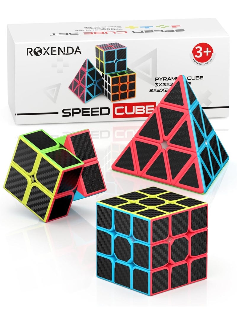 GROIC ROXENDA Speed Cube Set, Magic Cube Set of 2x2x2 3x3x3 Pyramid Cube Smooth Puzzle Cube (Carbon Fiber) - Image 1