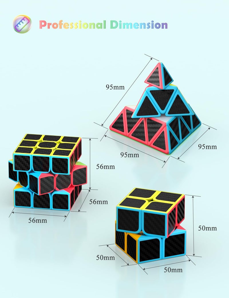 ROXENDA Speed Cube Set, Magic Cube Set of 2x2x2 3x3x3 Pyramid Cube Smooth Puzzle Cube (Carbon Fiber) - Image 2
