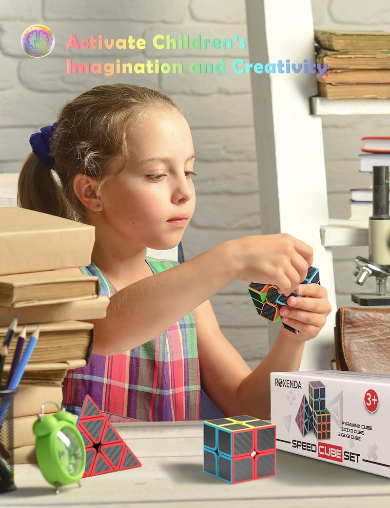 ROXENDA Speed Cube Set, Magic Cube Set of 2x2x2 3x3x3 Pyramid Cube Smooth Puzzle Cube (Carbon Fiber) - Image 5