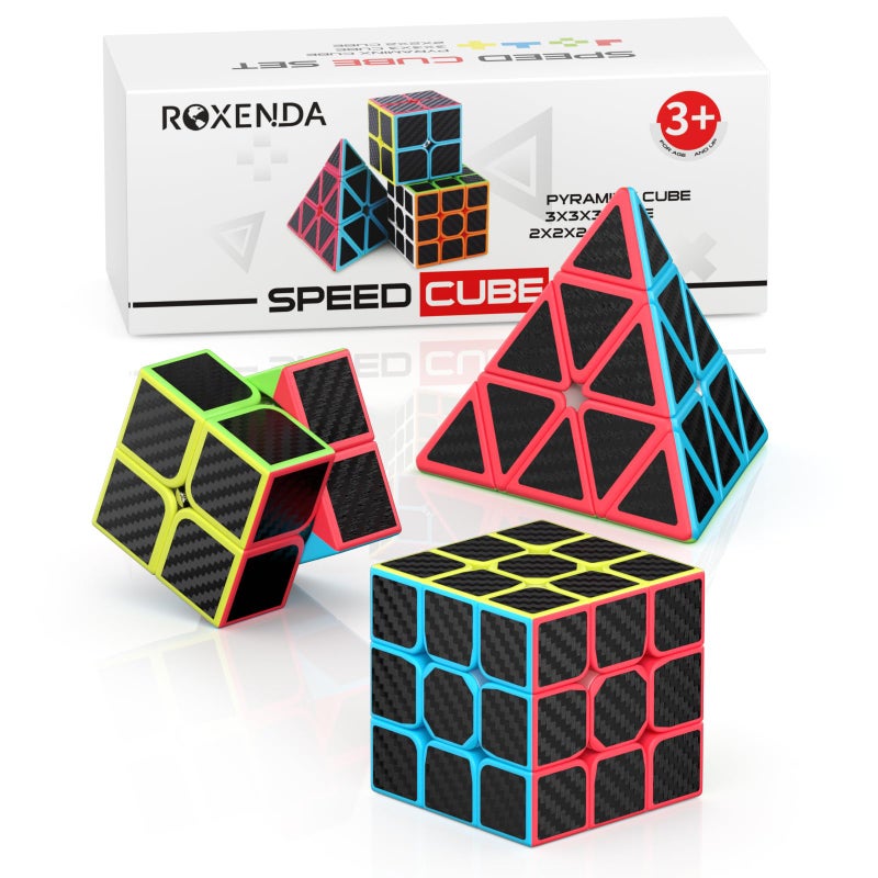 ROXENDA Speed Cube Set, Magic Cube Set of 2x2x2 3x3x3 Pyramid Cube Smooth Puzzle Cube (Carbon Fiber) - Image 1
