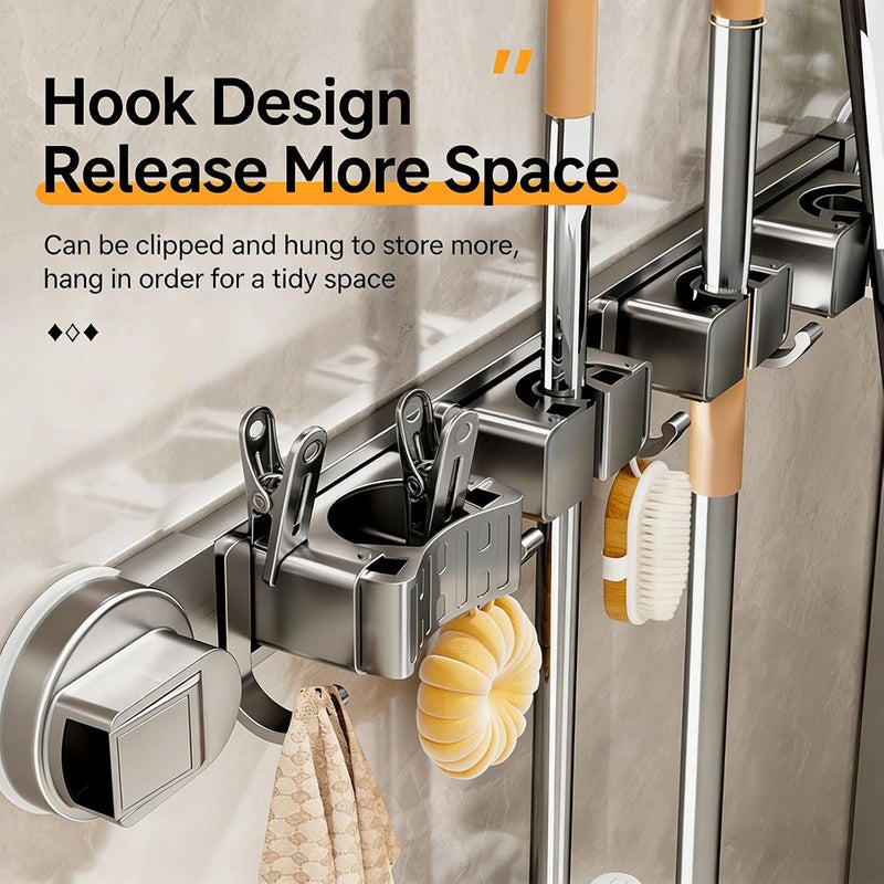 ordinarYone Strong And Enduring Aluminum Wall Mounted Broom Holder For Bathroom Kitchen Garage Without Holes Needed - Image 1
