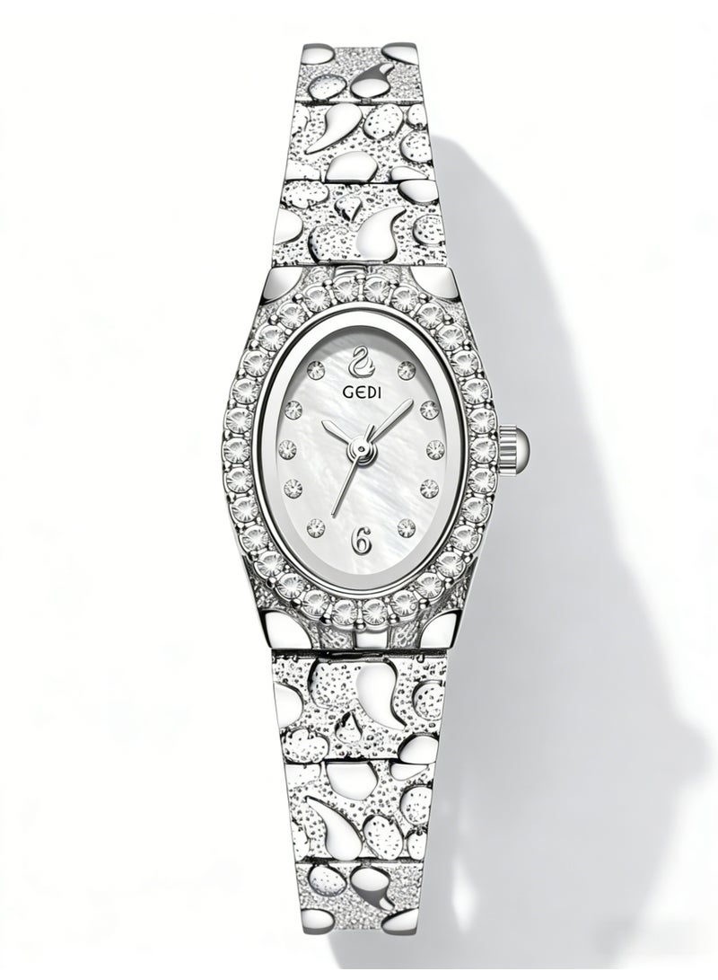 جدي GEDI Elegant Women's Silver Watch - Oval Crystal Diamond Bezel Mother-of-Pearl Dial Wristwatch, Luxury Stainless Steel Bracelet Watch for Ladies - Image 1