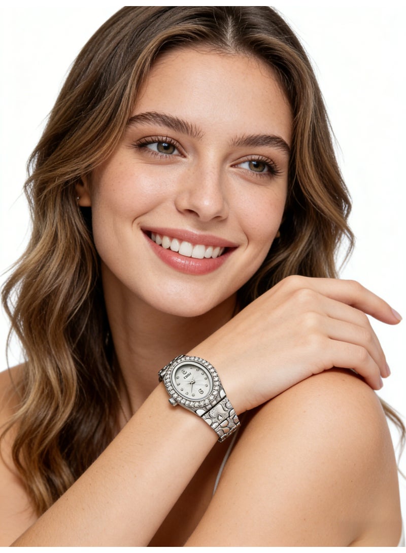 جدي GEDI Elegant Women's Silver Watch - Oval Crystal Diamond Bezel Mother-of-Pearl Dial Wristwatch, Luxury Stainless Steel Bracelet Watch for Ladies - Image 4