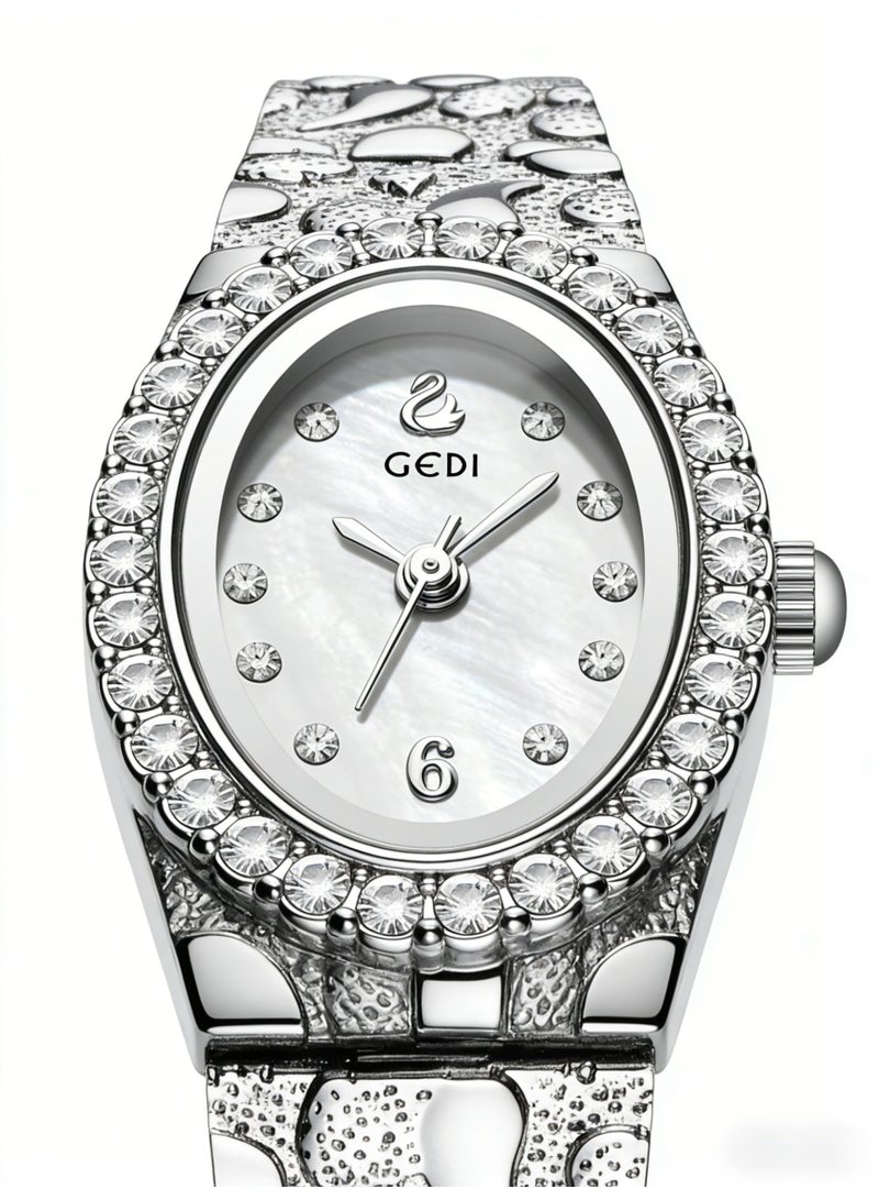 جدي GEDI Elegant Women's Silver Watch - Oval Crystal Diamond Bezel Mother-of-Pearl Dial Wristwatch, Luxury Stainless Steel Bracelet Watch for Ladies - Image 2
