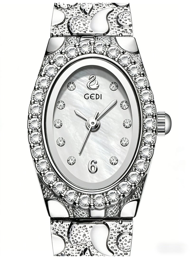 جدي GEDI Elegant Women's Silver Watch - Oval Crystal Diamond Bezel Mother-of-Pearl Dial Wristwatch, Luxury Stainless Steel Bracelet Watch for Ladies - Image 3