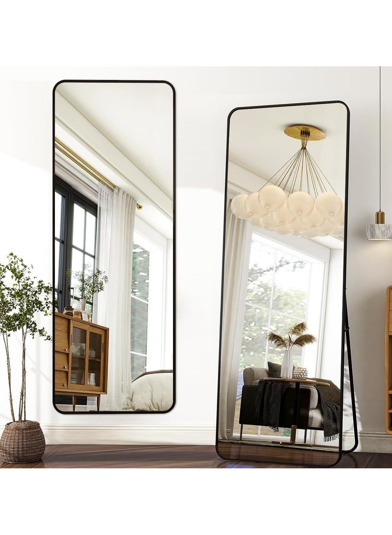 YQbest Floor Full Length Mirror Standing Full Body Rounded Corner Rectangle Mirrors with Stand Hanging Wall Mounted Leaning Bedroom Living Room Bedroom Bathroom Cloakroom,Black - Image 1
