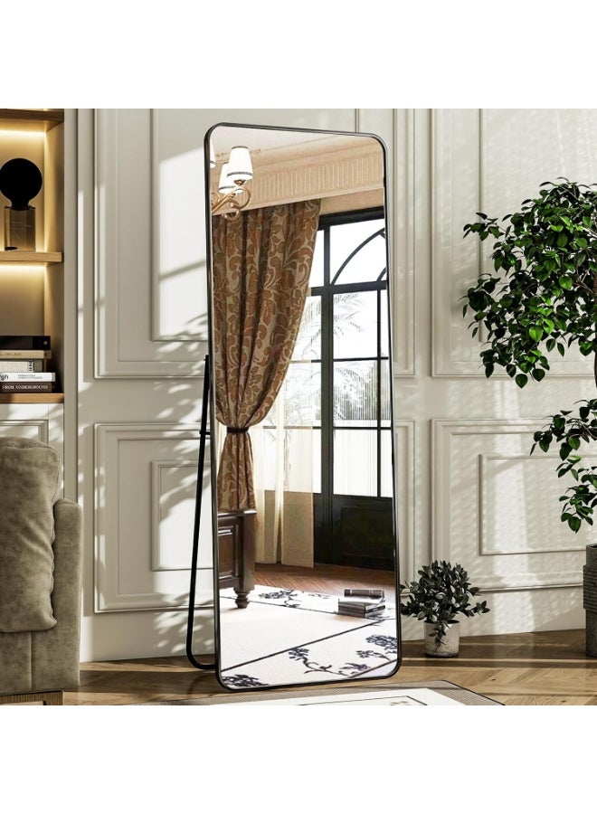 YQbest مرآة كاملة الطول قائمة بذاتها بزاوية مستديرة مع حامل، مرآة مستطيلة معلقة على الحائط، مناسبة لغرفة النوم، غرفة المعيشة، الحمام، وغرفة الملابس، باللون الأسود - Image 1