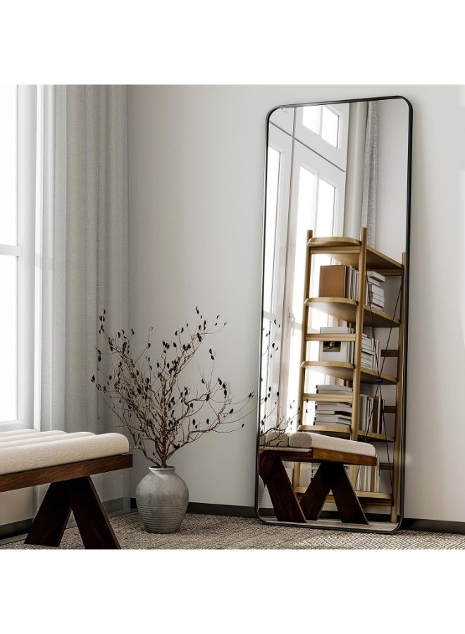 YQbest مرآة كاملة الطول قائمة بذاتها بزاوية مستديرة مع حامل، مرآة مستطيلة معلقة على الحائط، مناسبة لغرفة النوم، غرفة المعيشة، الحمام، وغرفة الملابس، باللون الأسود - Image 2