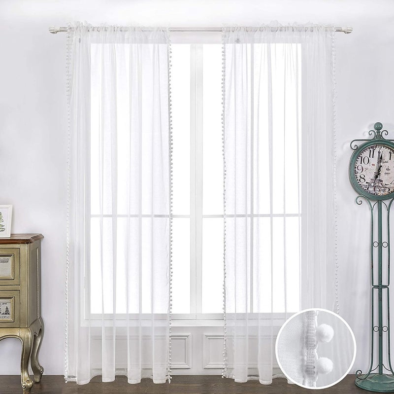 MISS SELECTEX Linen Look Pom Pom Tasseled Sheer Curtains - Rod Pocket Voile Semi-Sheer Curtains for Living and Bedroom, Set of 2 Curtain Panels (52 x 95 inch, White) - Image 3