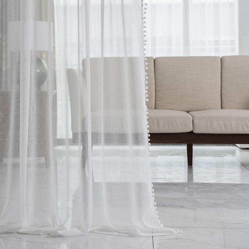 MISS SELECTEX Linen Look Pom Pom Tasseled Sheer Curtains - Rod Pocket Voile Semi-Sheer Curtains for Living and Bedroom, Set of 2 Curtain Panels (52 x 95 inch, White) - Image 4
