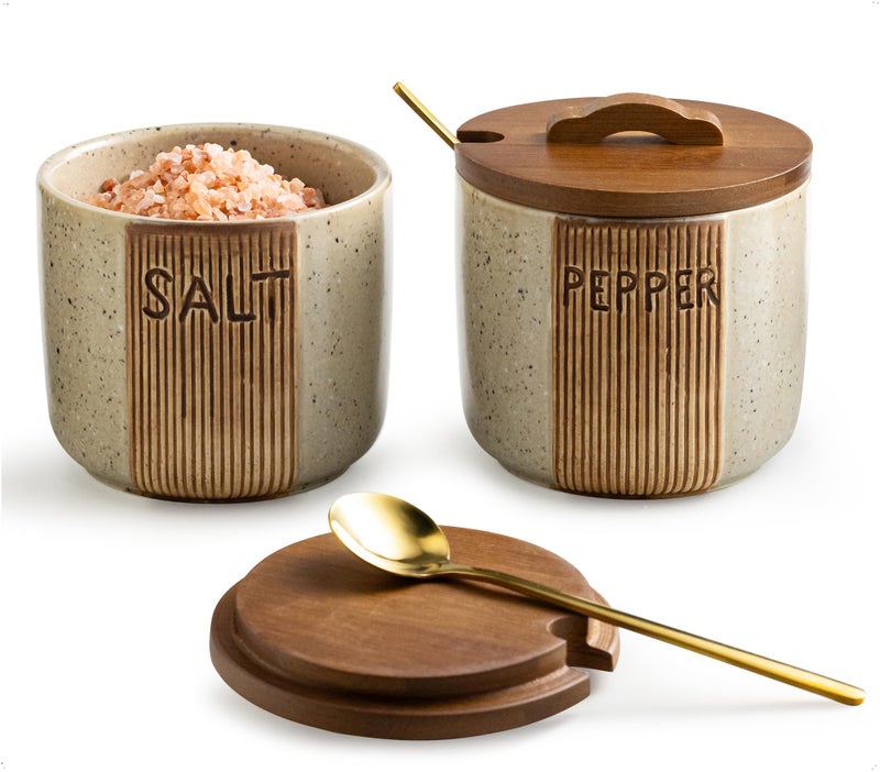 YHOJOY Ceramic Salt and Pepper Bowl, Salt Cellar with Lid and Spoons Salt Containers for Countertop Pepper Holder Box, Beige - Image 1