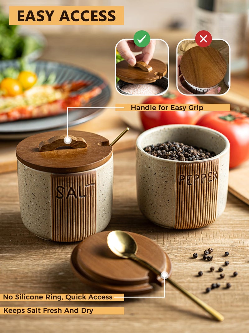 YHOJOY Ceramic Salt and Pepper Bowl, Salt Cellar with Lid and Spoons Salt Containers for Countertop Pepper Holder Box, Beige - Image 4