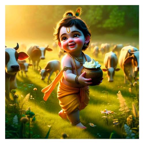Decals Creation Bal Krishna Makhan Chor Matki Wall Poster For Living Room, Kids Room, Pooja Room (Size - 46CM X 46CM) - Image 1