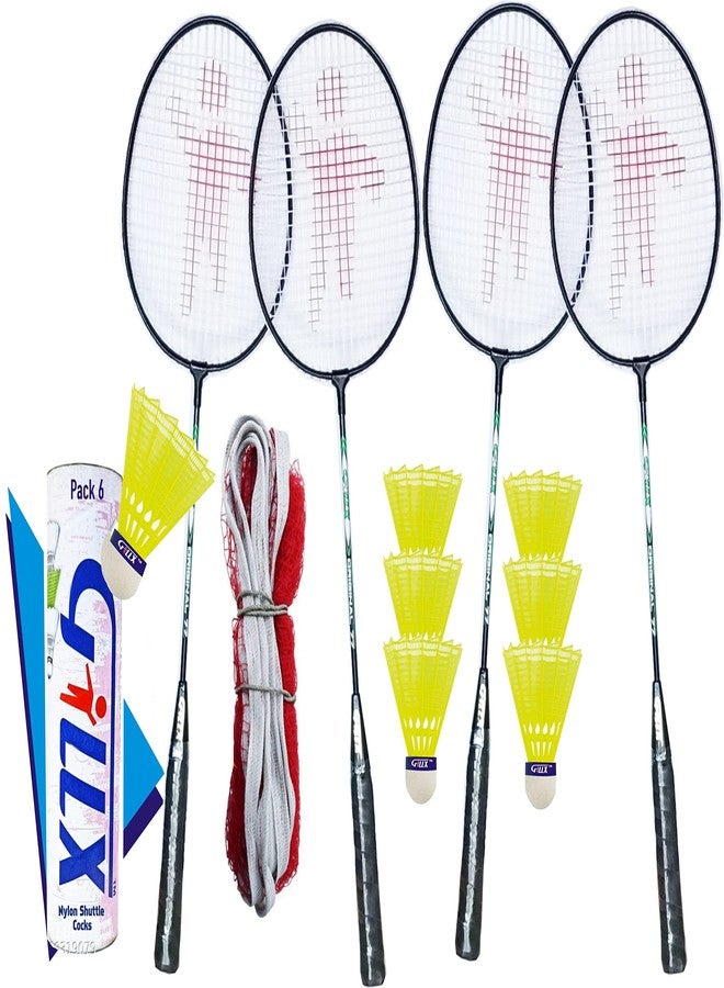 GILLX Badminton Rackets 4 Piece Black 6 Piece Nylon Shuttle Cocks with Badminton NET - Image 2