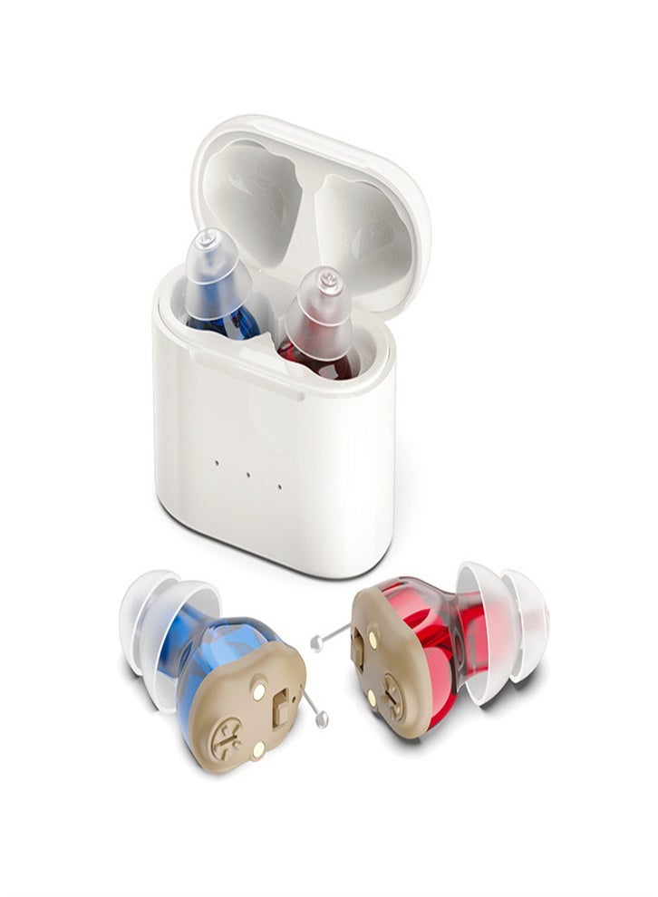 Mini rechargeable in-ear hearing aid for mild to moderate hearing loss, effective hearing aid and noise reduction (red and blue) - Image 1