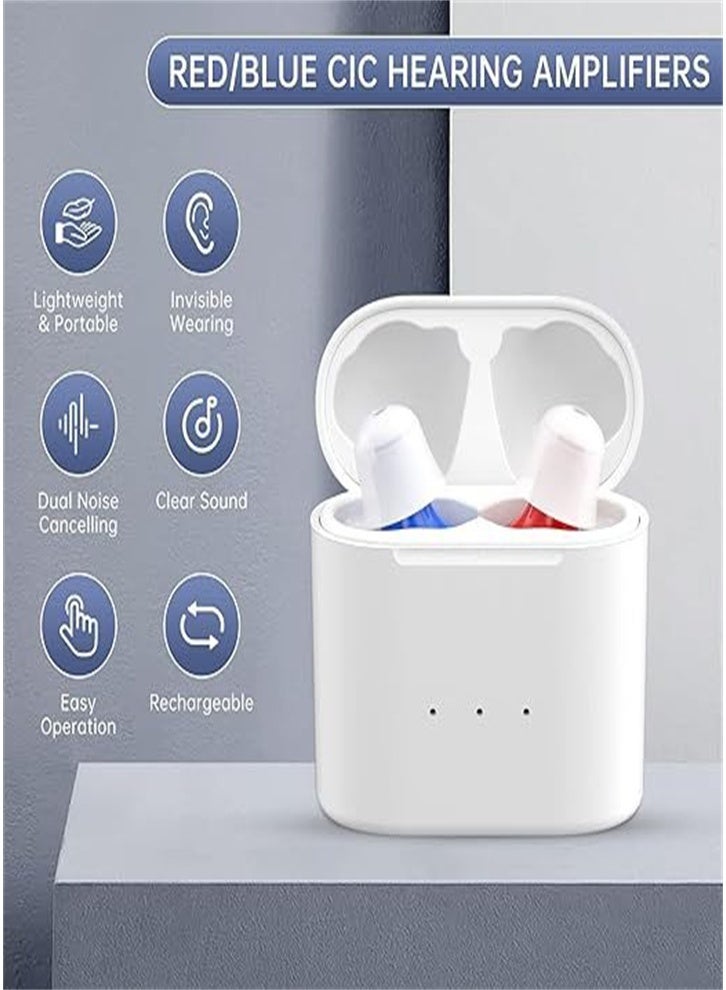 Mini rechargeable in-ear hearing aid for mild to moderate hearing loss, effective hearing aid and noise reduction (red and blue) - Image 2