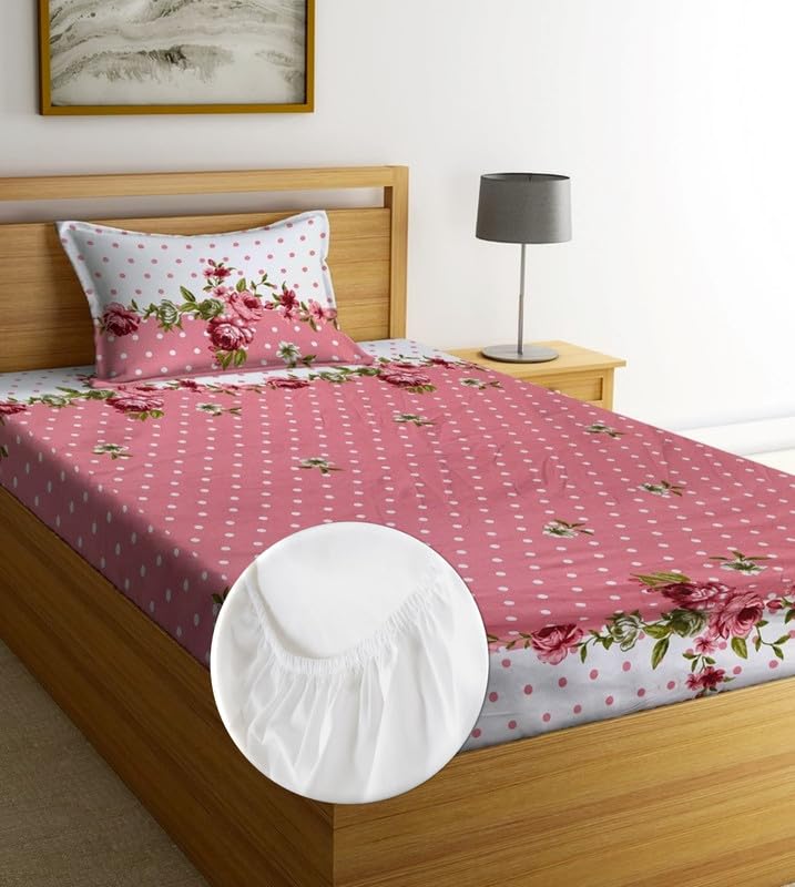 Luxury Trends Premium Cotton Elastic Fitted Bedsheets with 1 Pillow Covers Single Mattress Bed with All Around Elastic 160tc Supersoft Size 36 x 72 6 inches Pink Flower 