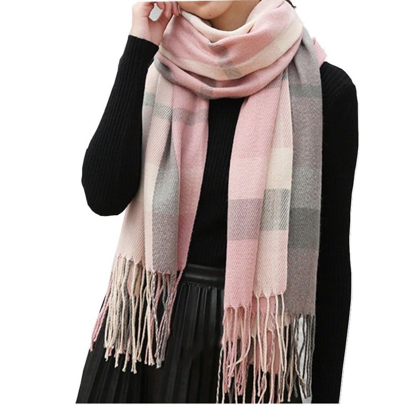 Mocasor Women's Plaid Blanket Scarf Fall Winter Soft Warm Large Lattice Shawl Wraps Big Tartan Scarves for Ladies (Pink Grey) - Image 1