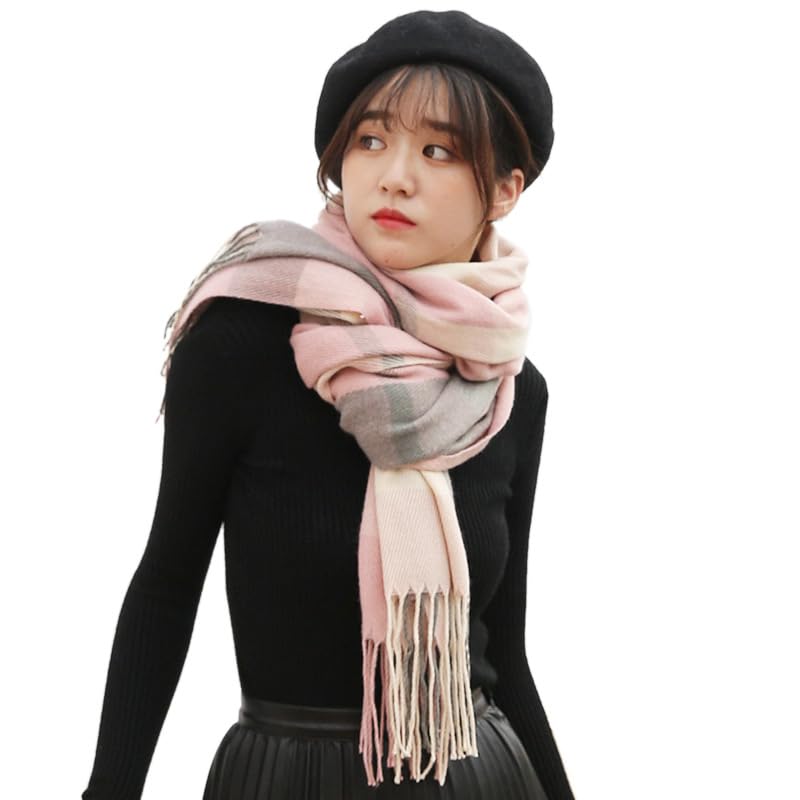 Mocasor Women's Plaid Blanket Scarf Fall Winter Soft Warm Large Lattice Shawl Wraps Big Tartan Scarves for Ladies (Pink Grey) - Image 3