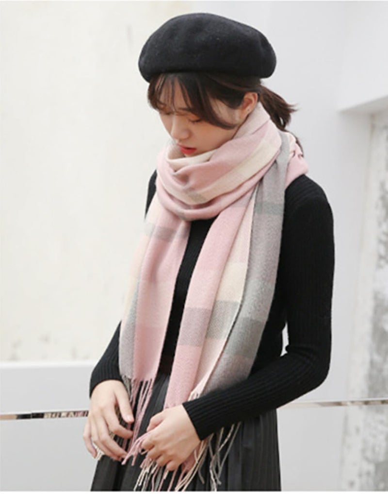 Mocasor Women's Plaid Blanket Scarf Fall Winter Soft Warm Large Lattice Shawl Wraps Big Tartan Scarves for Ladies (Pink Grey) - Image 2