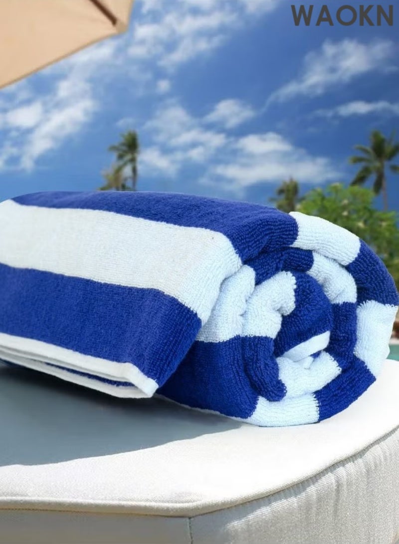 دبليو أيه أو كي أن منشفة شاطئ كبيرة الحجم مصنوعة من القطن بنسبة 100%، مخططة، بتصميم صيفي لحمام السباحة، منشفة ناعمة عالية الامتصاص (مخططة باللونين الأزرق والأبيض) - Image 1