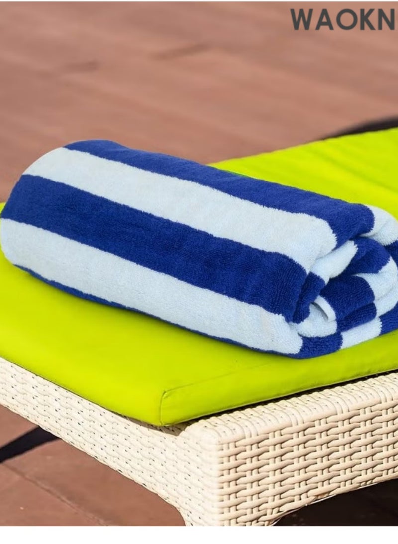 دبليو أيه أو كي أن منشفة شاطئ كبيرة الحجم مصنوعة من القطن بنسبة 100%، مخططة، بتصميم صيفي لحمام السباحة، منشفة ناعمة عالية الامتصاص (مخططة باللونين الأزرق والأبيض) - Image 2