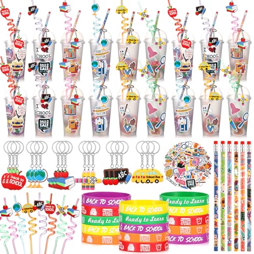Seenelling 24 Set 100th Day of School Gifts for Students First Day of School Party Favors Gift Cups Filler Keychain Pencil Straw Sticker Silicone Bracelet for Goodie Bag Fillers Party Favors Gifts - Image 1