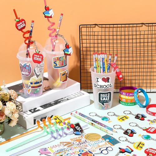 Seenelling 24 Set 100th Day of School Gifts for Students First Day of School Party Favors Gift Cups Filler Keychain Pencil Straw Sticker Silicone Bracelet for Goodie Bag Fillers Party Favors Gifts - Image 5